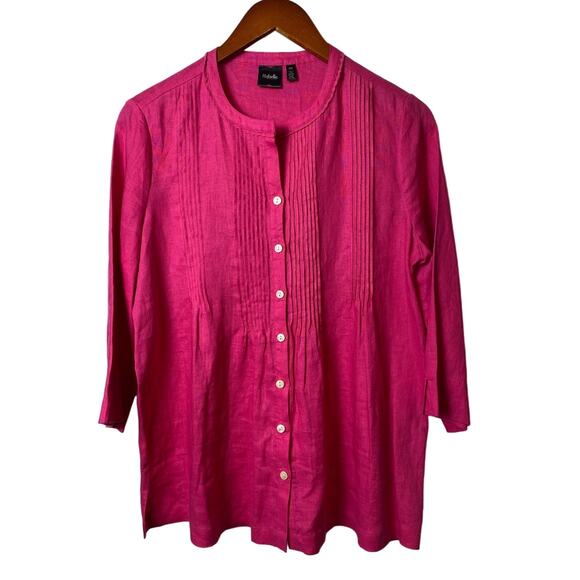Rafaella Women's Magenta 100% Linen Pleated Button Blouse Size Petite Medium - Picture 1 of 8